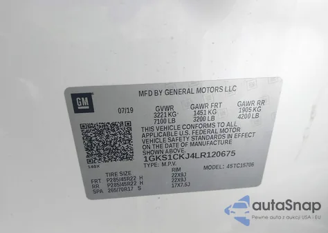 2020 GMC Yukon 2Wd Denali z USA, uszkodzony, nr VIN 1GKS1CKJ4LR120675